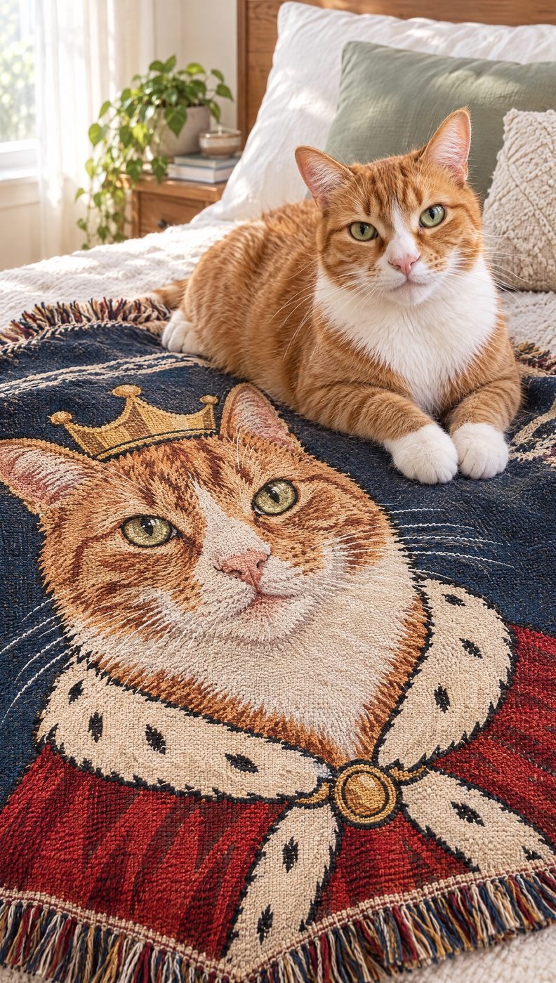 Royal-style cat blanket on a bed with the cat