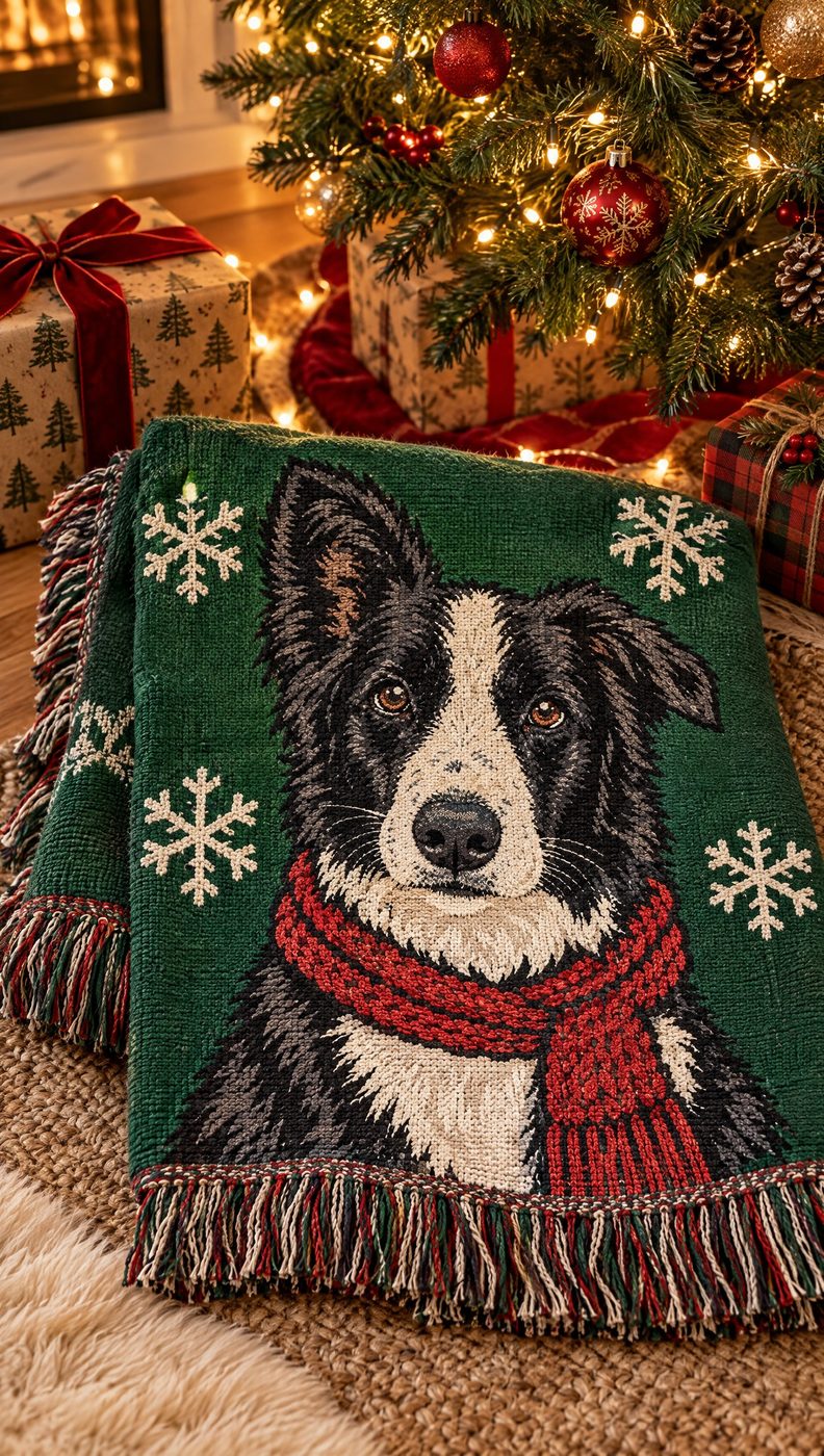 Christmas-style collie blanket under a tree