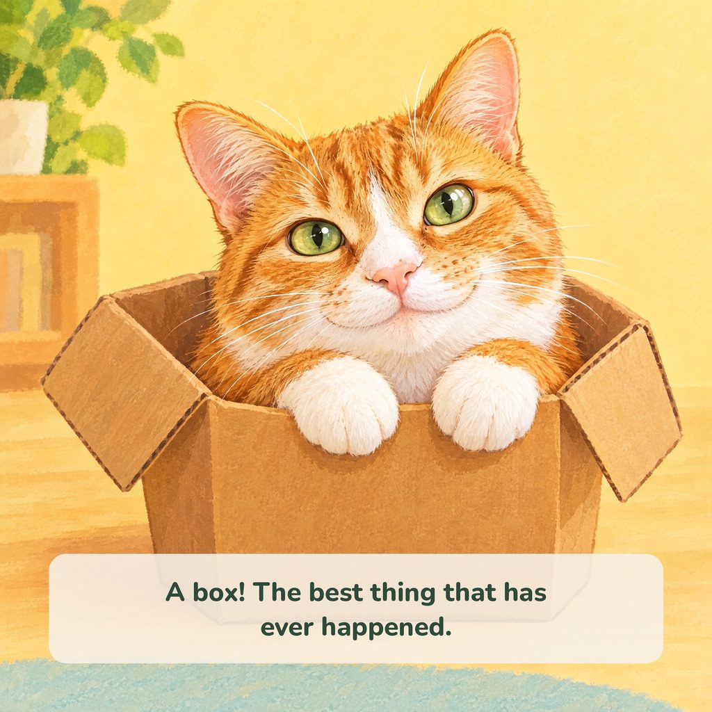 Page: the cat sits in a box